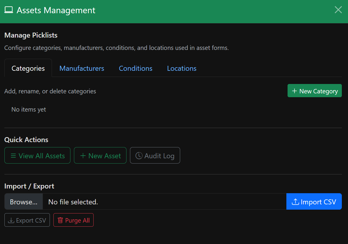 Admin page with asset configuration